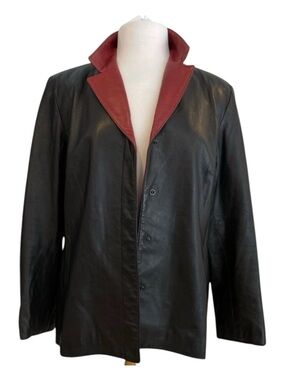 Black soft Leather Jacket With Red Contrast Collar Button Front Women Size Large